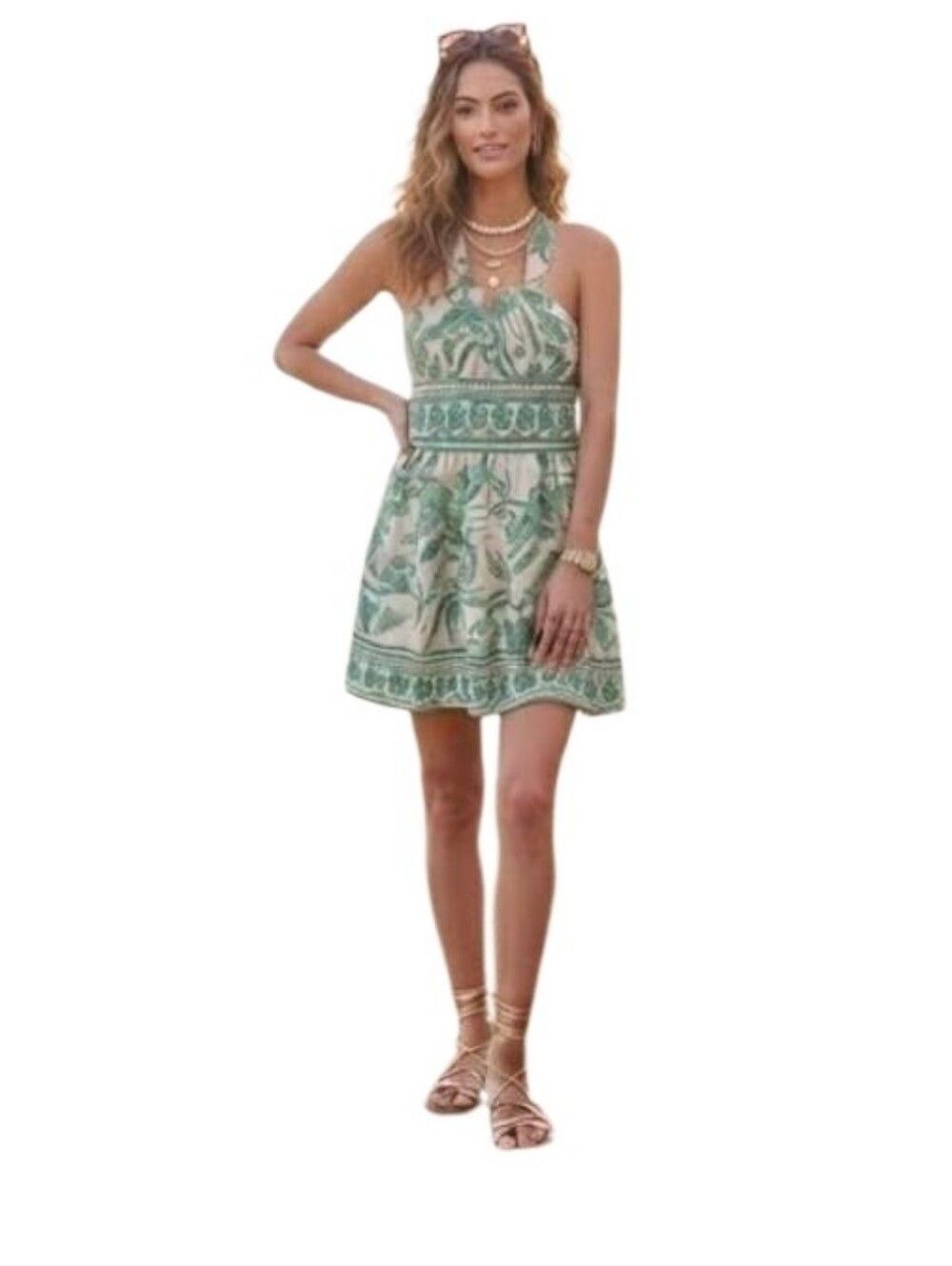 Green Tropical Batik Tie Neck Halter Summer Dress Sz L